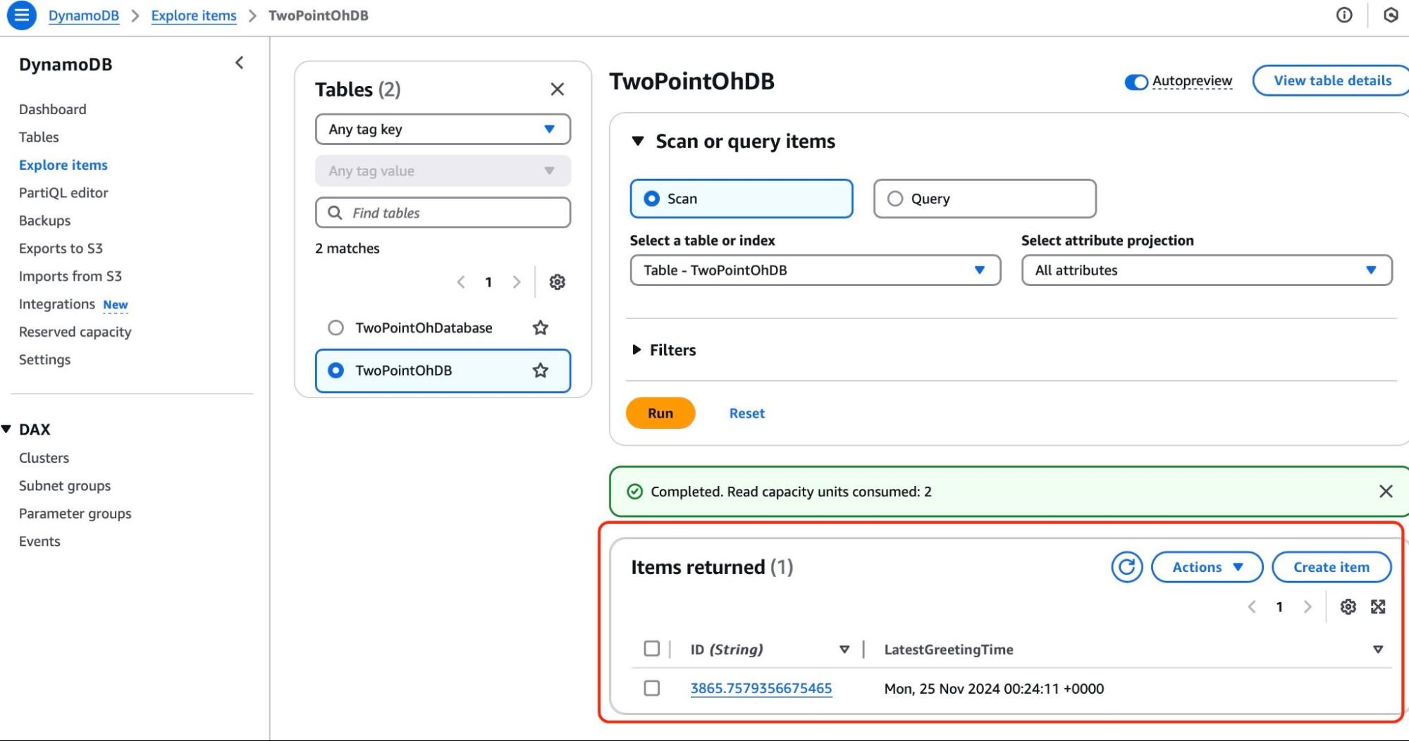 stored items in the database